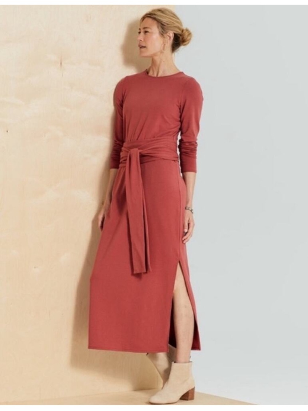 J. Jill Long-Sleeve Tie-Waist Midi Dress in Dusty Rose